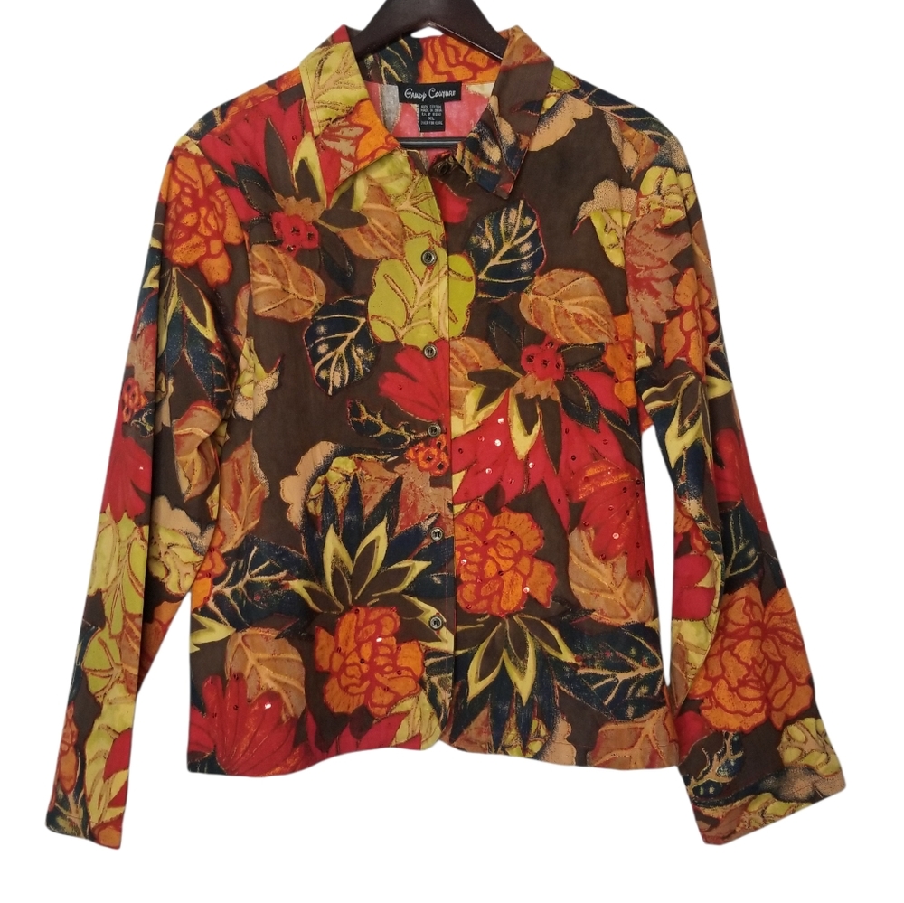 Gandy Couture Colorful Fall Print Jacket Sz XL W/Beading/Sequin
